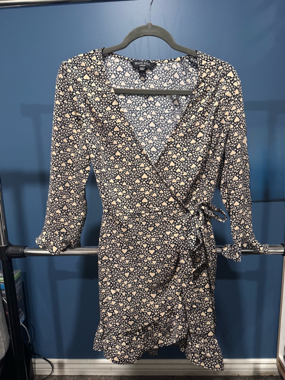 Brave Soul Navy Wrap Dress with Cream Heart Print
